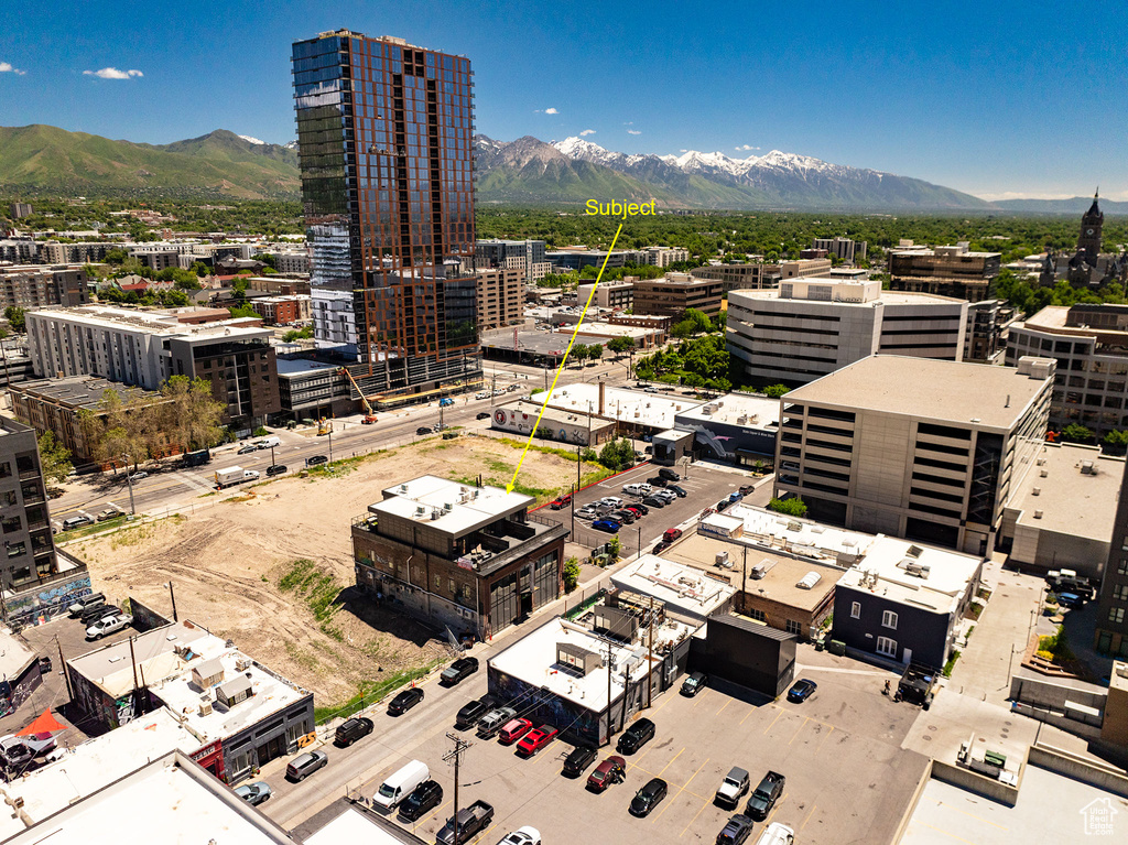 Birds eye view of property with a mountain view