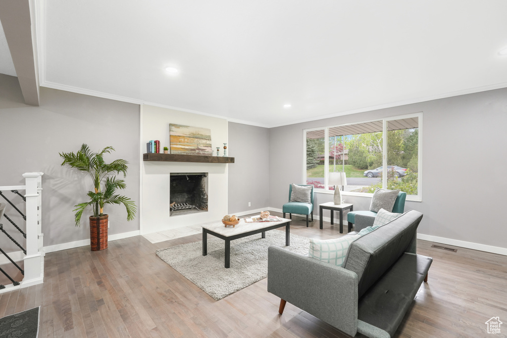 Living room featuring hardwood / wood-style flooring and crown molding