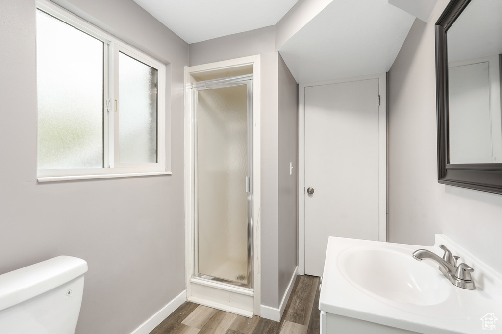 Bathroom featuring oversized vanity, wood-type flooring, walk in shower, a healthy amount of sunlight, and toilet