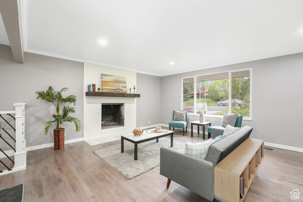 Living room with wood-type flooring and ornamental molding