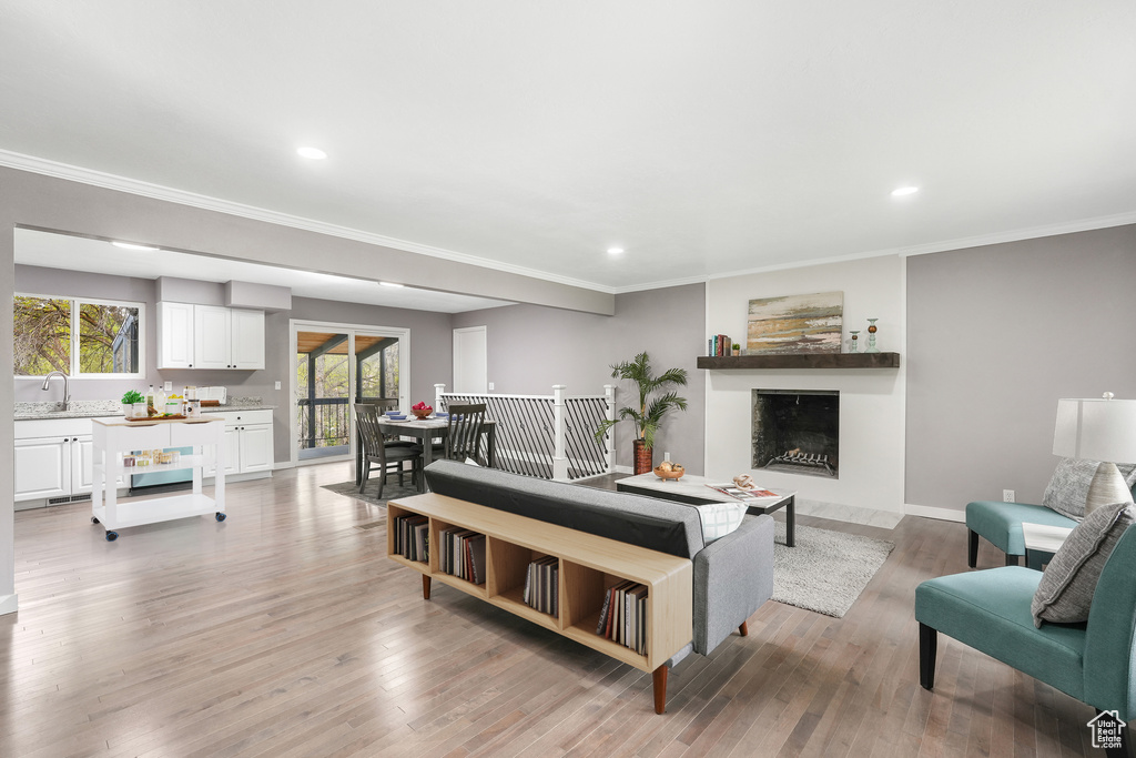 Living room featuring sink, hardwood / wood-style flooring, and ornamental molding