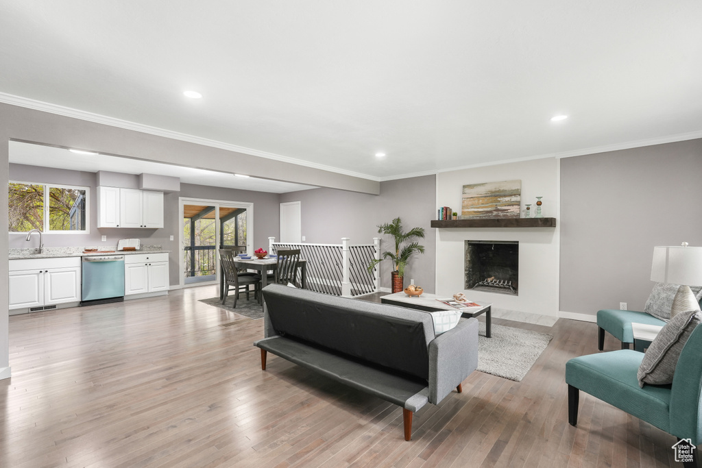 Living room with wood-type flooring, sink, and ornamental molding