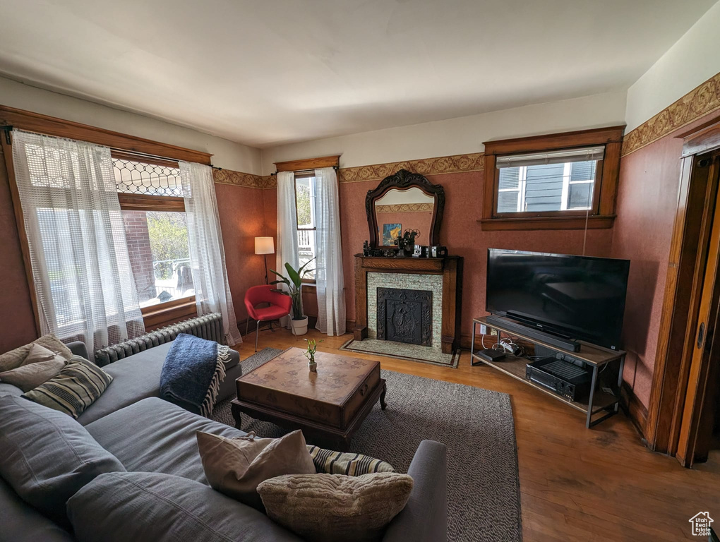 Living room featuring wood-type flooring and a fireplace