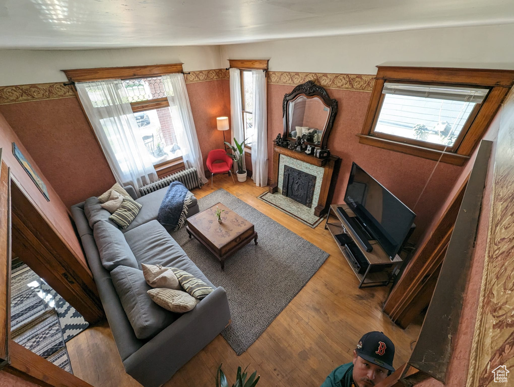 Living room featuring hardwood / wood-style flooring, plenty of natural light, and vaulted ceiling