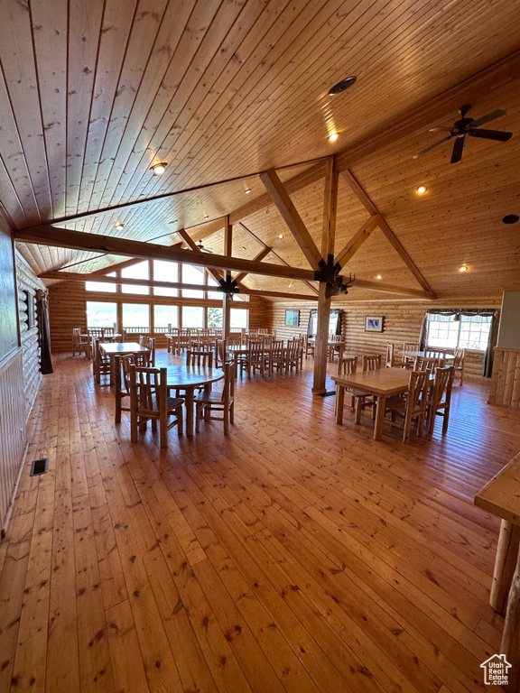 Unfurnished dining area featuring wooden ceiling, vaulted ceiling with beams, ceiling fan, and hardwood / wood-style floors