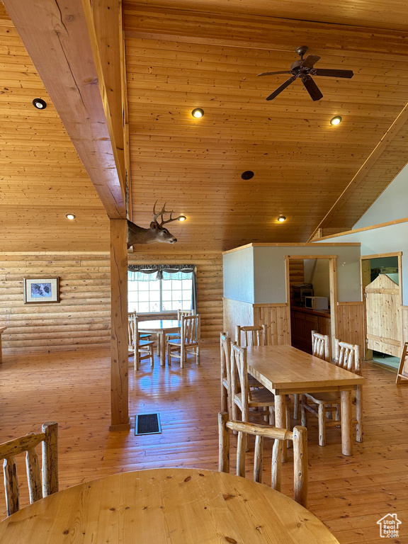 Dining area featuring light hardwood / wood-style floors, wood ceiling, ceiling fan, and vaulted ceiling