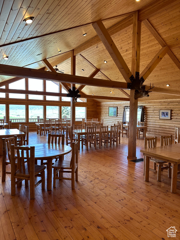 Dining area with ceiling fan, beam ceiling, high vaulted ceiling, hardwood / wood-style flooring, and wooden ceiling