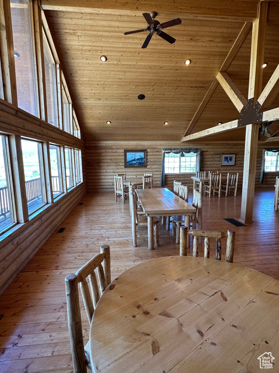 Unfurnished dining area featuring high vaulted ceiling, ceiling fan, light hardwood / wood-style flooring, and wooden ceiling