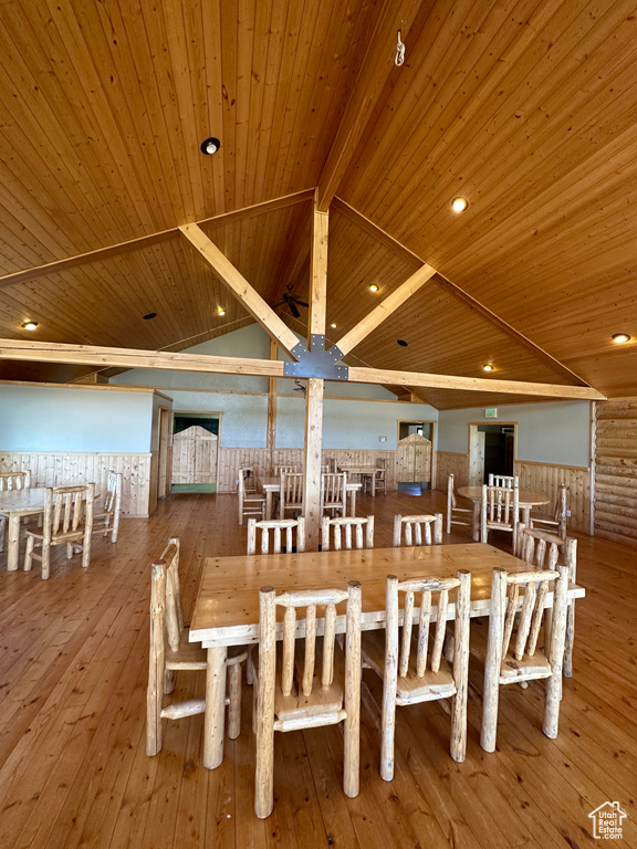 Dining space with wooden ceiling and hardwood / wood-style flooring