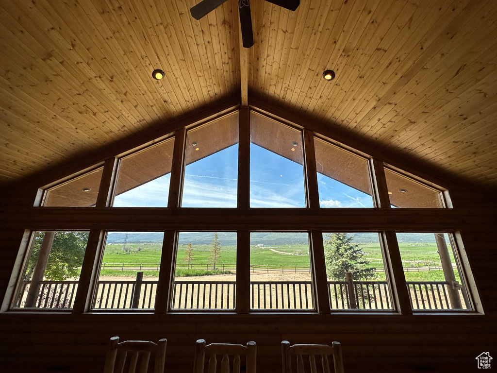 Interior details featuring beamed ceiling, ceiling fan, and wood ceiling