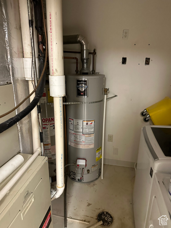 Utility room featuring water heater and independent washer and dryer