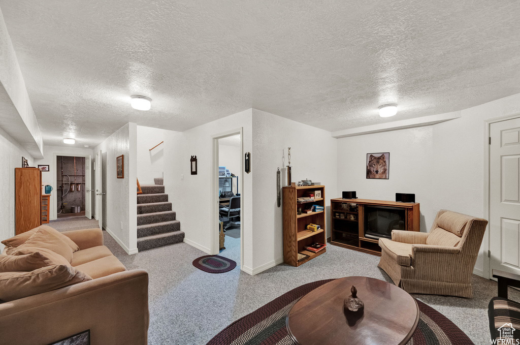 Carpeted living room with a textured ceiling