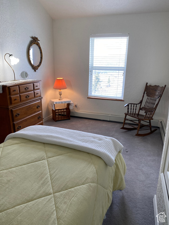 Carpeted bedroom with baseboard heating