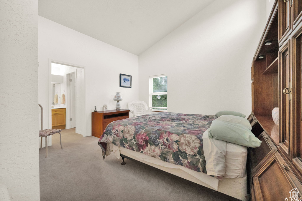 Carpeted bedroom with high vaulted ceiling and connected bathroom