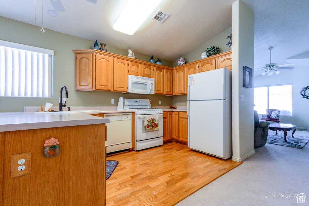 Kitchen with lofted ceiling, light carpet, white appliances, sink, and ceiling fan