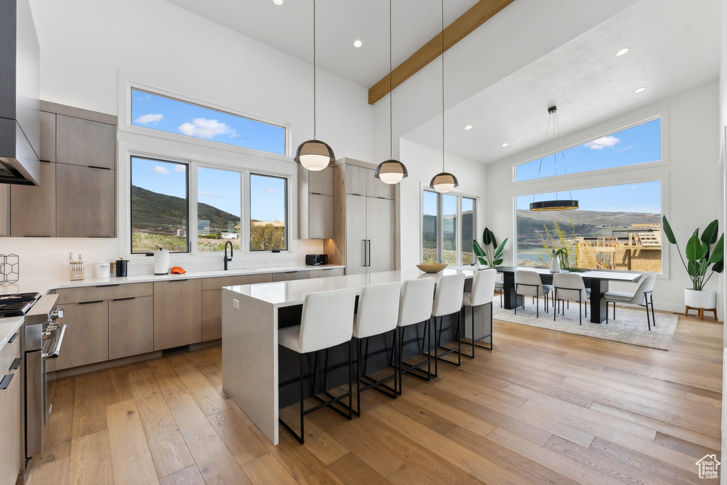 Kitchen with decorative light fixtures, a kitchen island, a healthy amount of sunlight, and light wood-type flooring