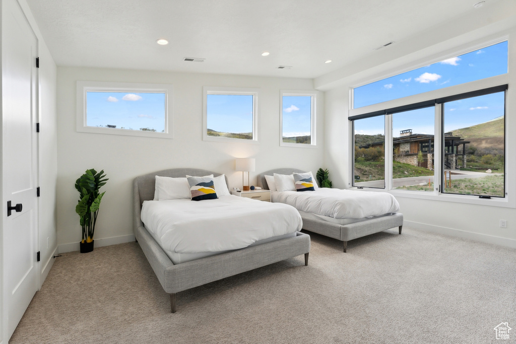 Carpeted bedroom with multiple windows