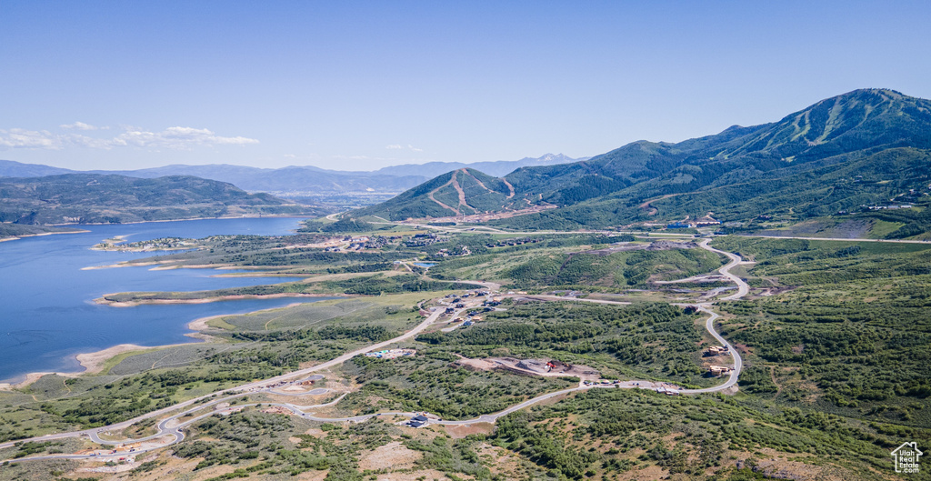 Aerial view with a water and mountain view