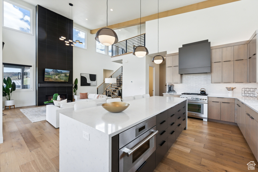 Kitchen featuring appliances with stainless steel finishes, a wealth of natural light, and premium range hood