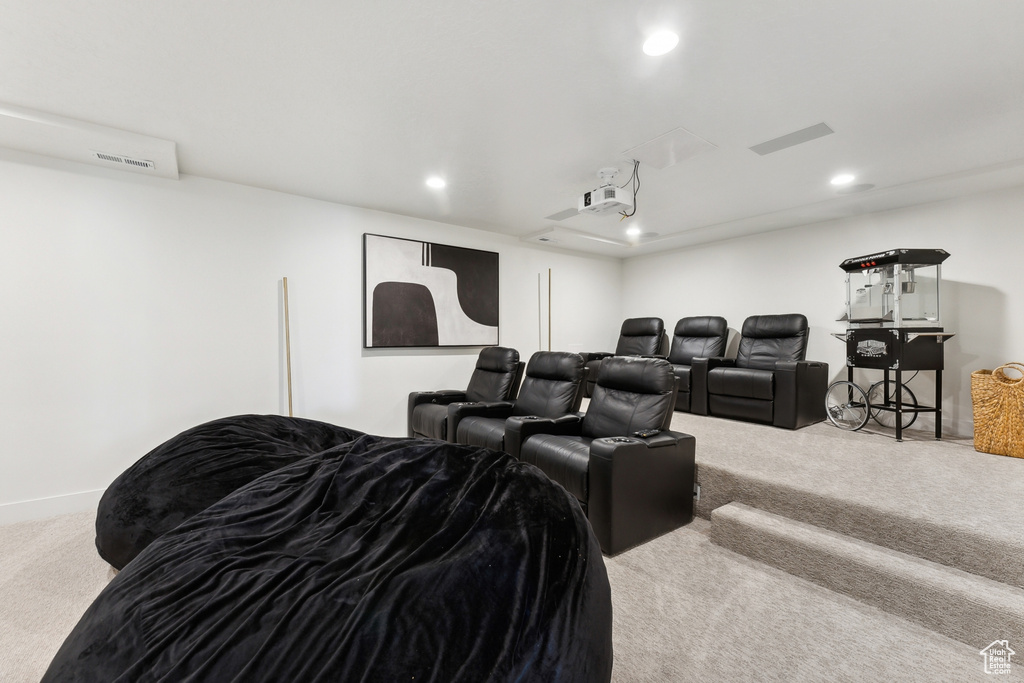 Cinema room featuring carpet floors