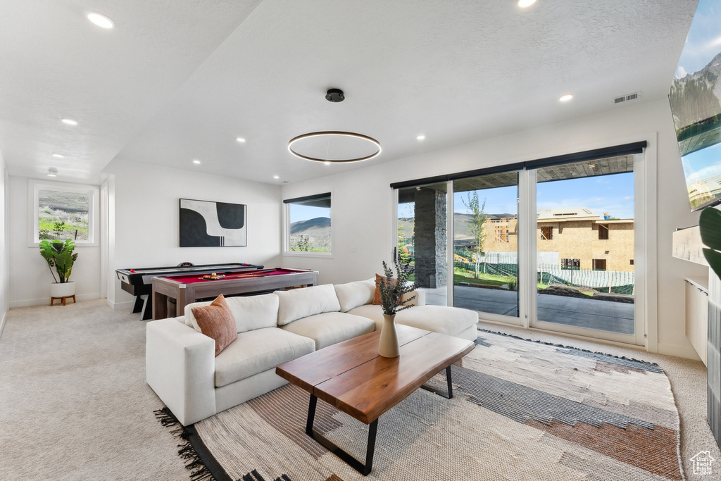 Carpeted living room featuring a healthy amount of sunlight and pool table