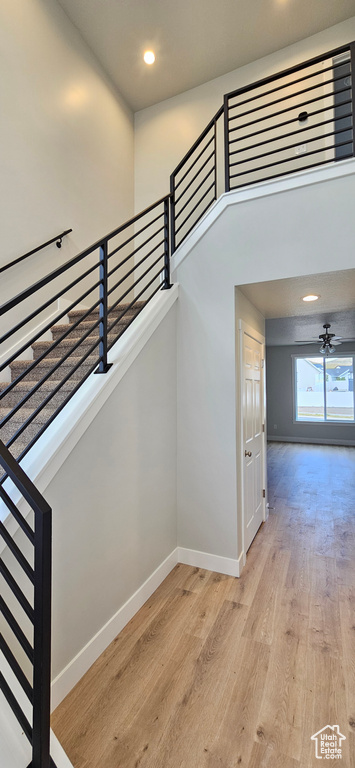 Stairs featuring ceiling fan and hardwood / wood-style floors