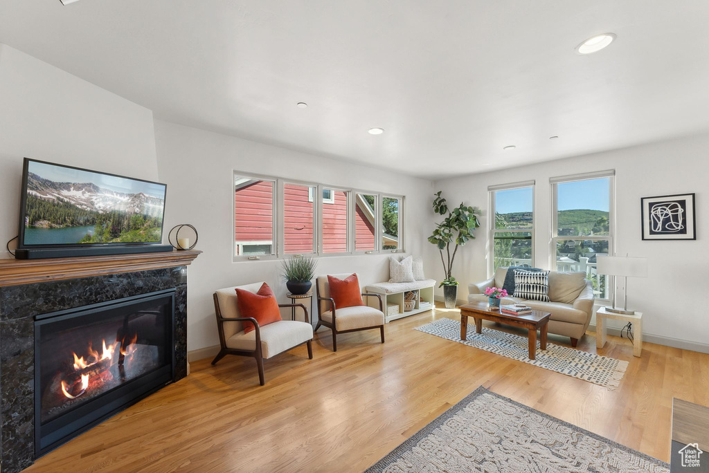 Living room with a fireplace and light hardwood / wood-style floors