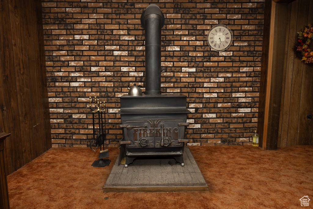 Details with wood walls, a wood stove, and carpet floors