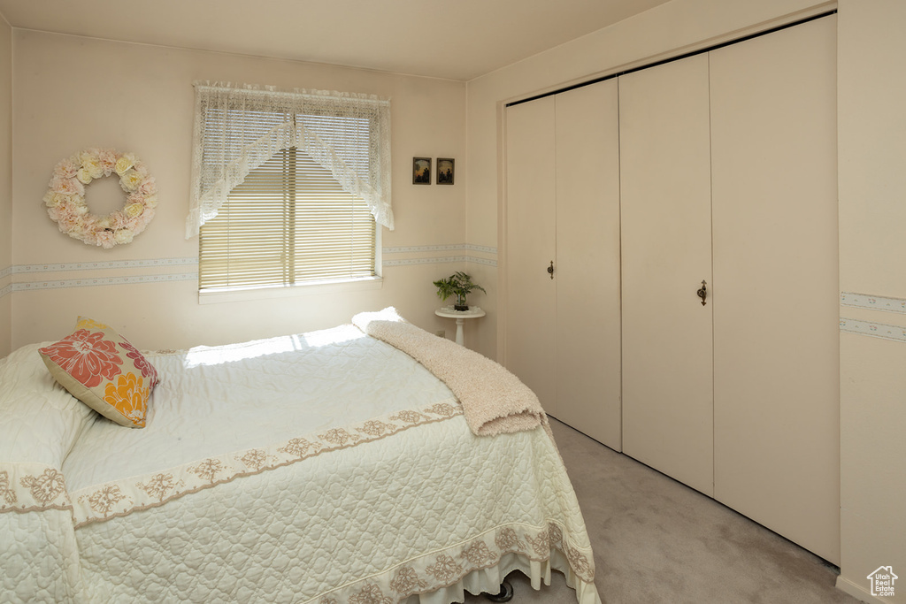 Bedroom with a closet and light colored carpet