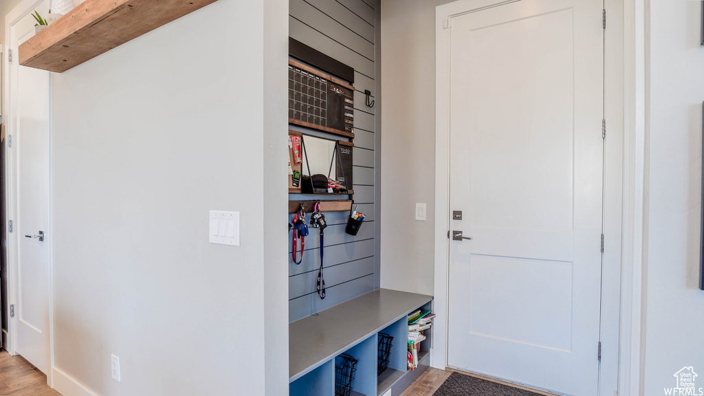 Mudroom with light wood-type flooring