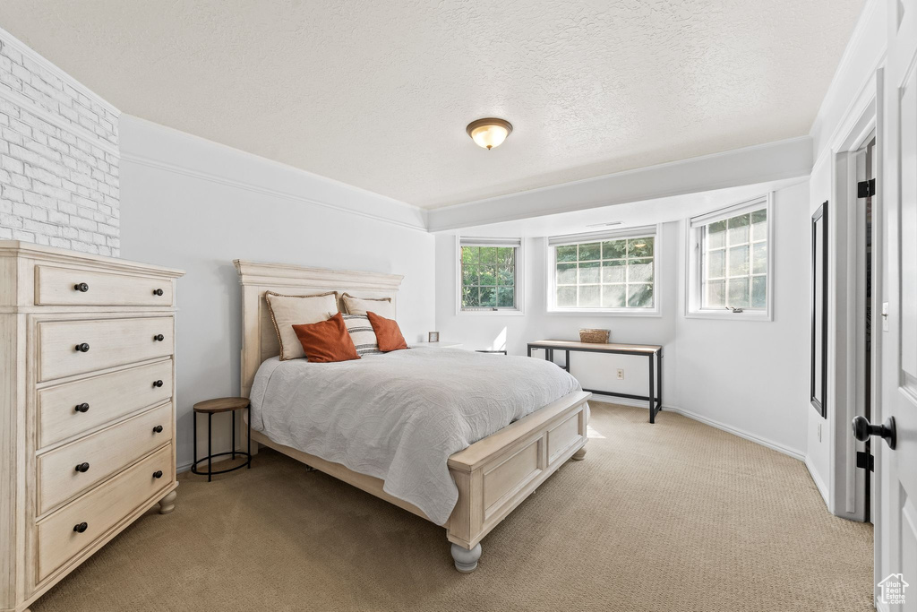 Bedroom with light carpet and a textured ceiling