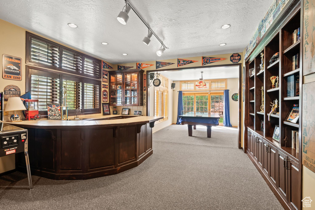 Bar featuring a textured ceiling, decorative light fixtures, carpet floors, billiards, and dark brown cabinetry