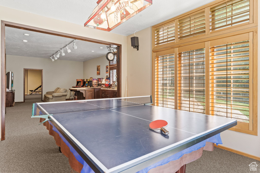 Playroom featuring a textured ceiling, track lighting, and carpet floors