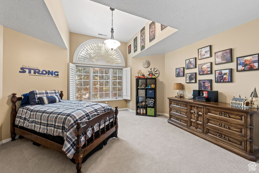 Carpeted bedroom with a textured ceiling