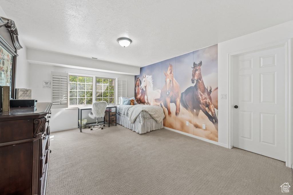 Carpeted bedroom featuring a textured ceiling