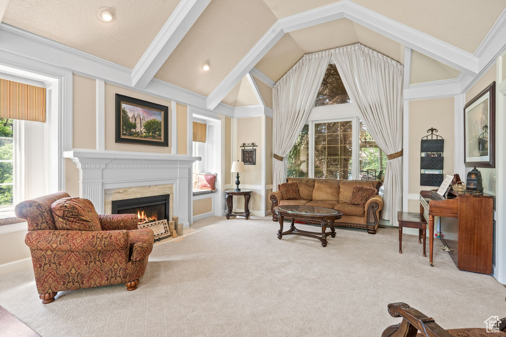 Living room featuring carpet flooring, ornamental molding, beam ceiling, and a fireplace