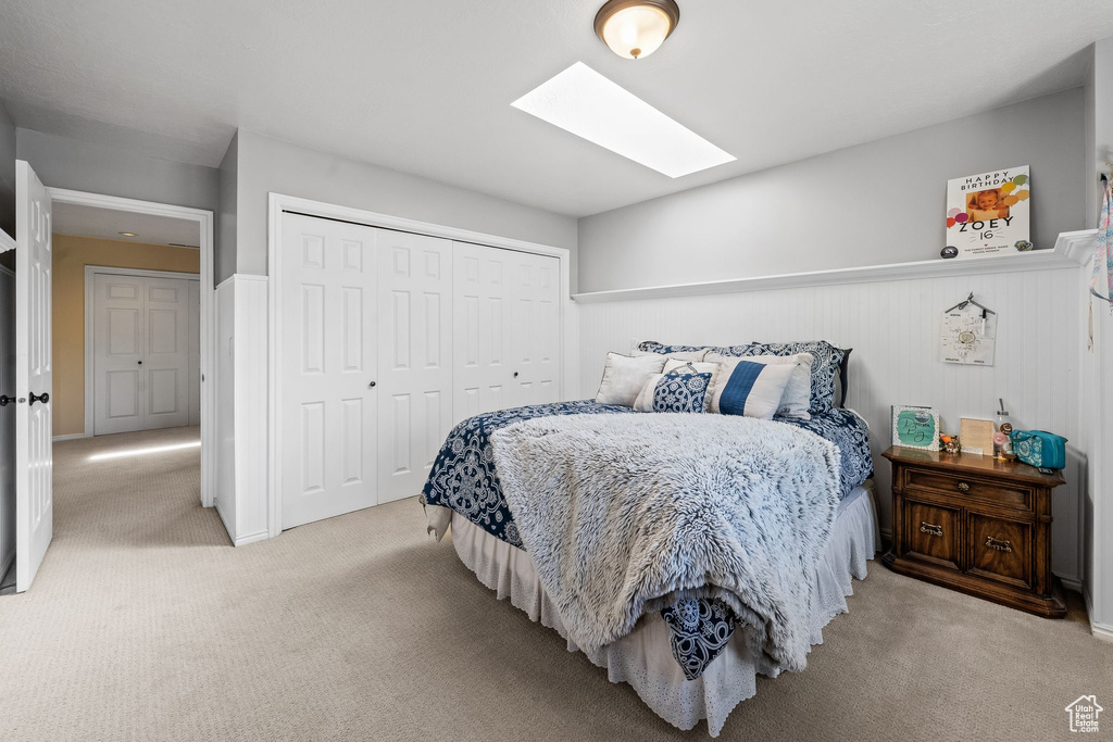 Carpeted bedroom featuring a closet and a skylight