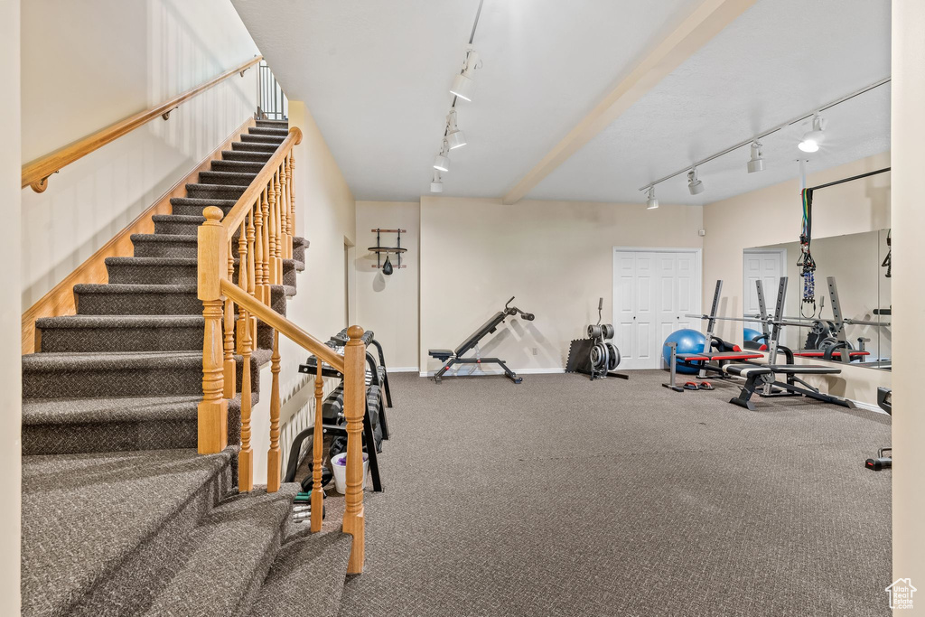 Interior space featuring track lighting and carpet floors