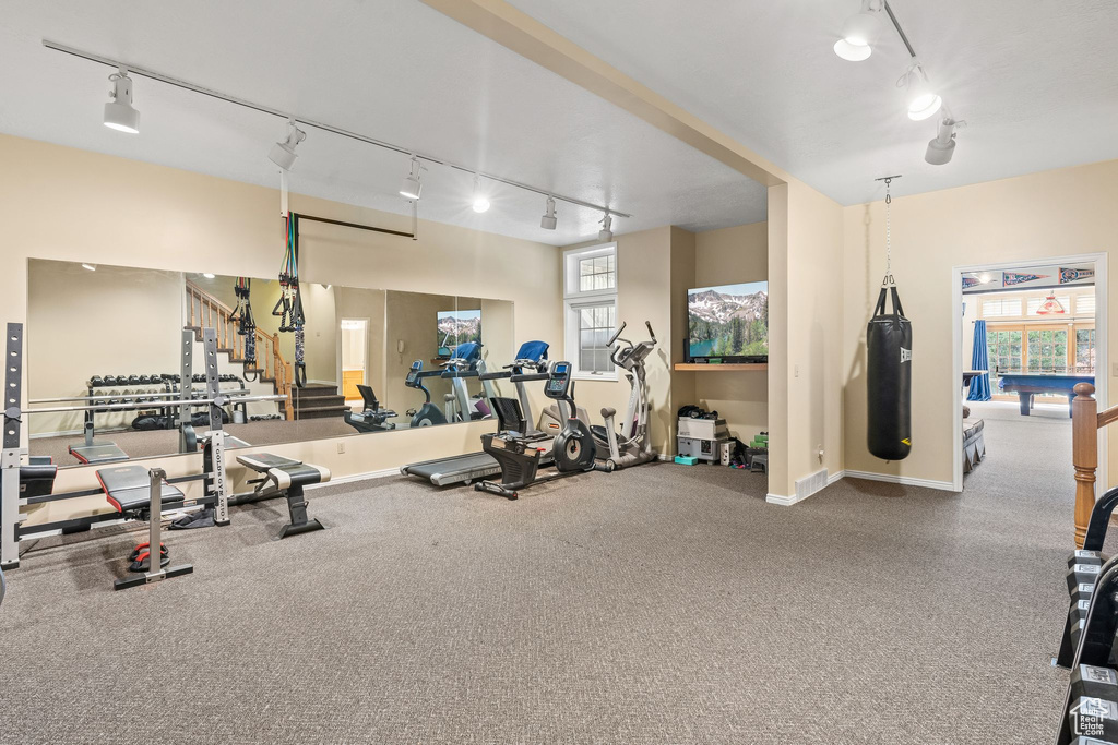 Workout area with carpet floors and rail lighting