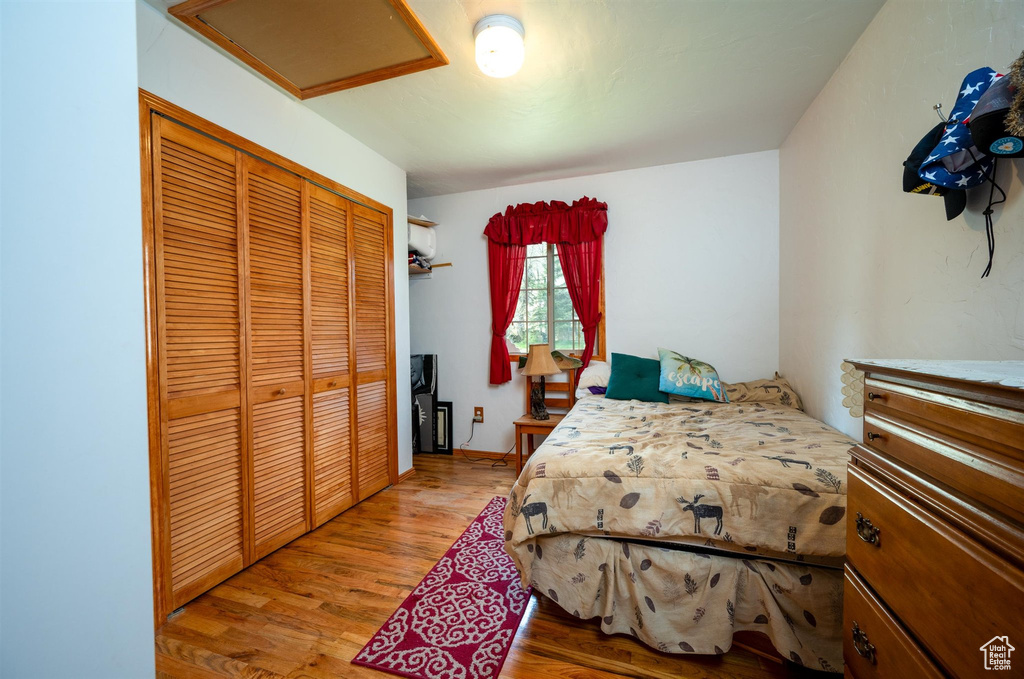 Bedroom featuring a closet and wood-type flooring