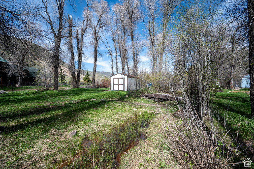 View of yard with a storage unit and a mountain view