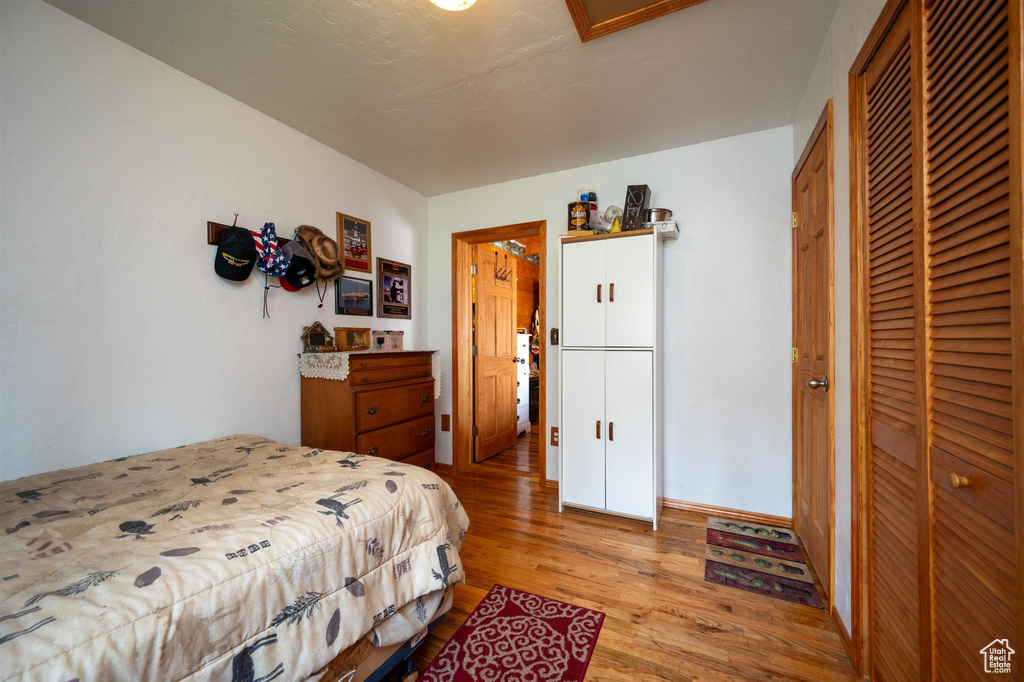 Bedroom with a closet and light hardwood / wood-style floors