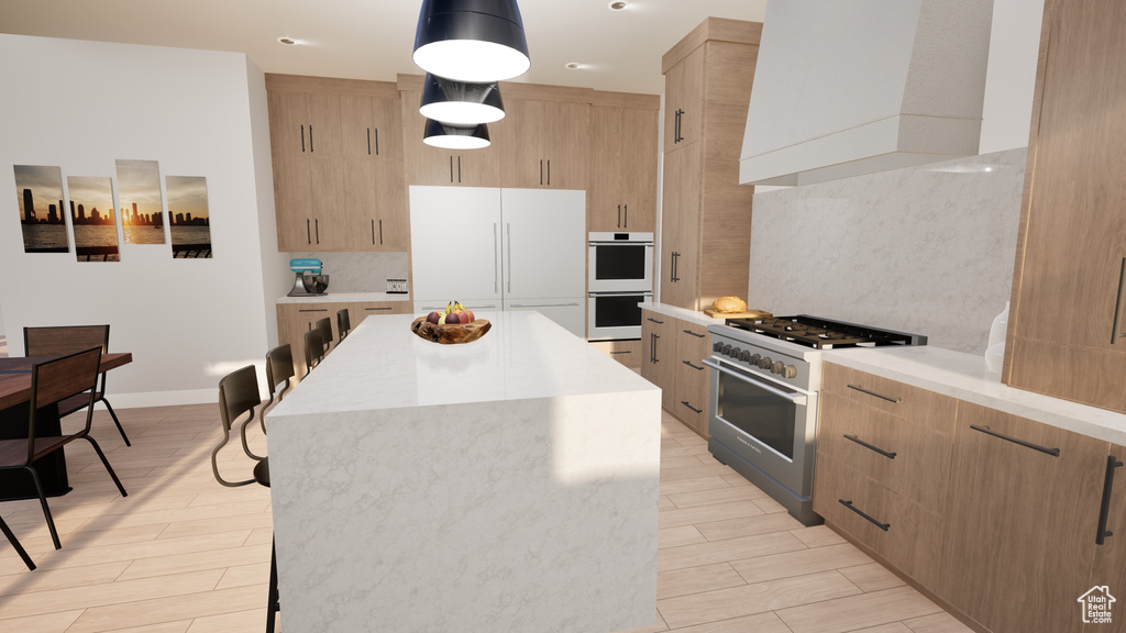 Kitchen with a kitchen island, custom range hood, white appliances, pendant lighting, and tasteful backsplash