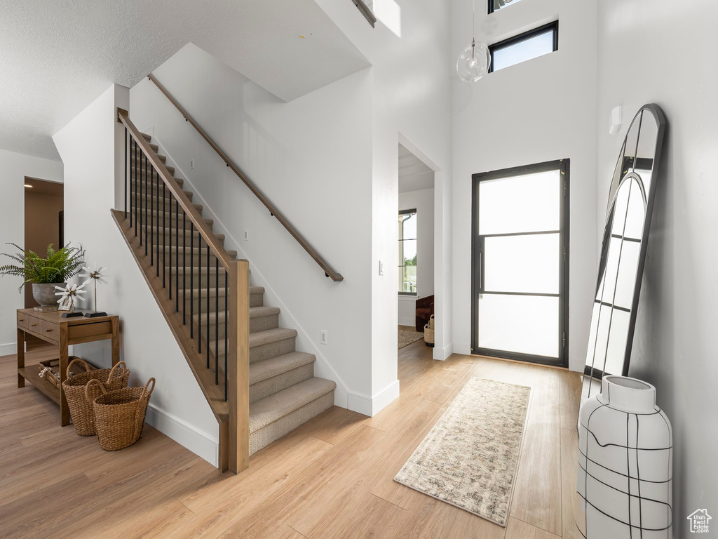 Entrance foyer featuring a healthy amount of sunlight, a towering ceiling, and light wood-type flooring