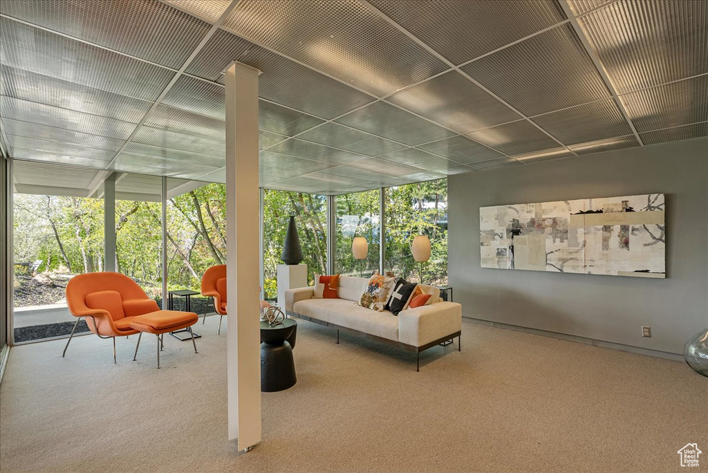 Interior space featuring carpet and a wall of windows