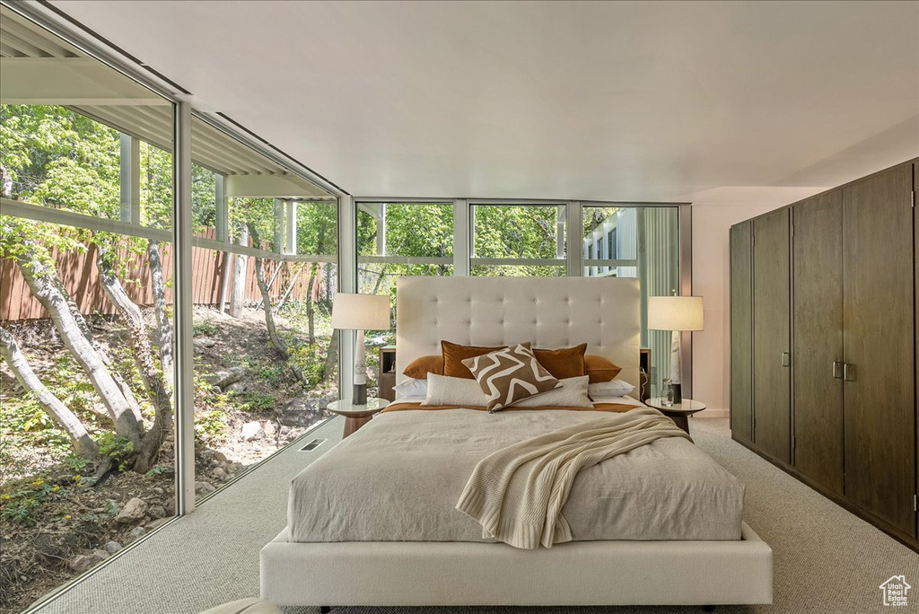 Carpeted bedroom with multiple windows