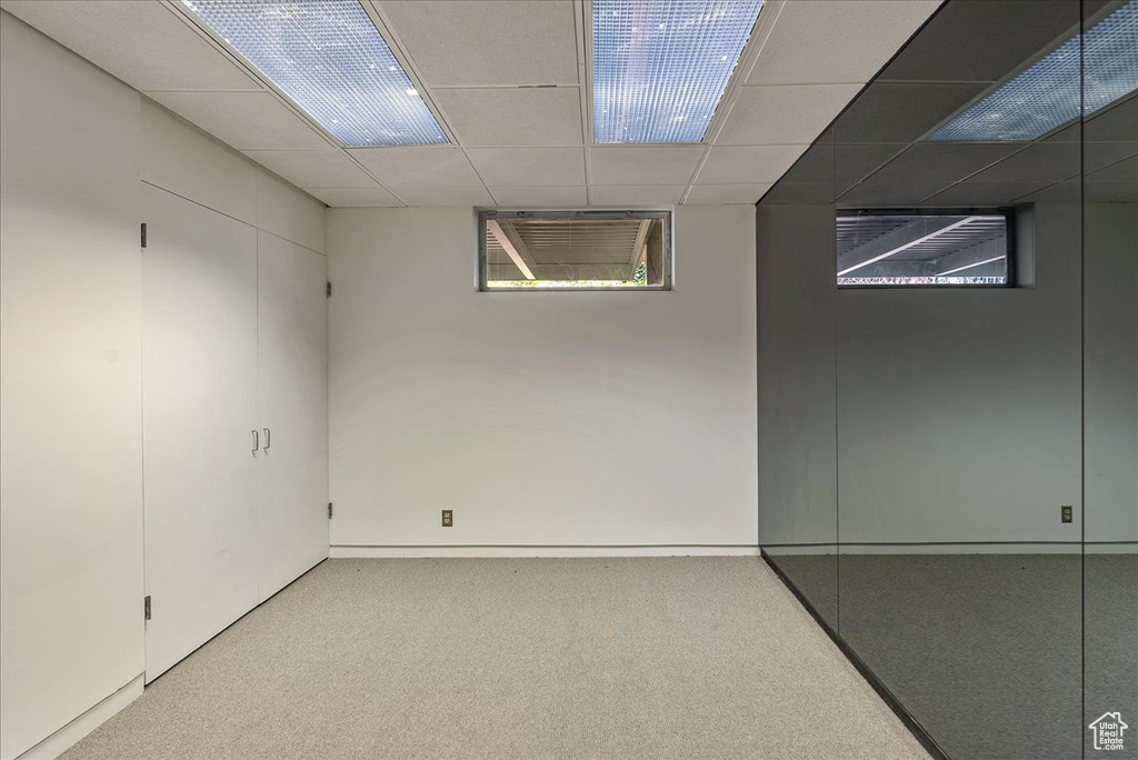 Basement with a paneled ceiling and carpet floors