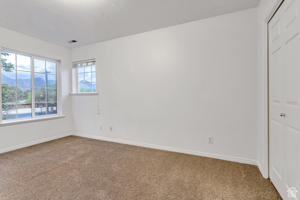 Unfurnished bedroom featuring carpet flooring and a closet