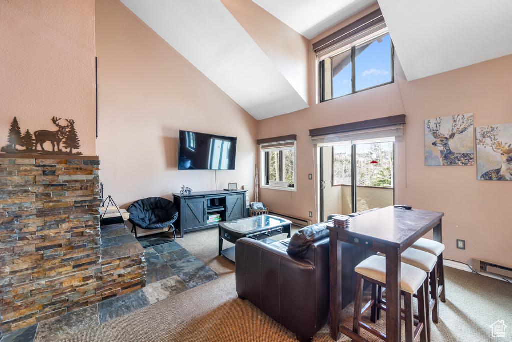 Carpeted living room with high vaulted ceiling and a baseboard radiator