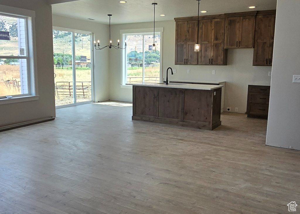 Kitchen with an inviting chandelier, sink, light wood-type flooring, and plenty of natural light